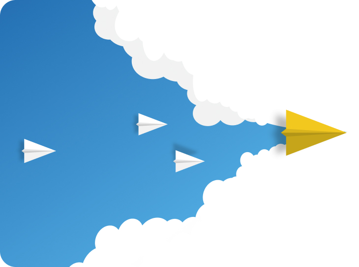 青空を背景に、白い紙飛行機と黄色の紙飛行機が前方に飛んでいるイラスト