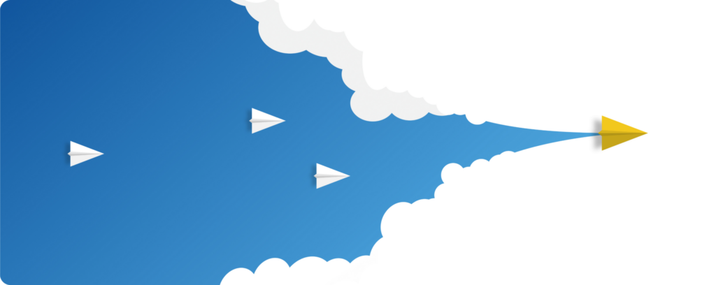 青空を背景に、白い紙飛行機と黄色の紙飛行機が前方に飛んでいるイラスト